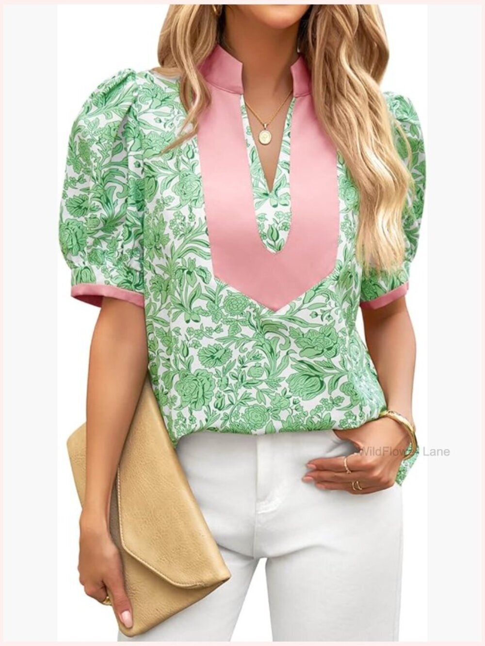 Floral V-Neck Blouse with Short Puff Sleeves